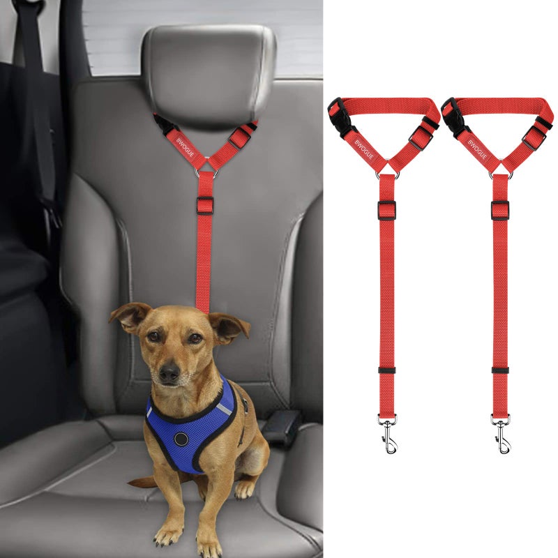BWOGUE 2 Packs Dog Cat Safety Seat Belt Strap Car Headrest Restraint Adjustable Nylon Fabric Dog Restraints Vehicle Seatbelts Harness Red - Image 1